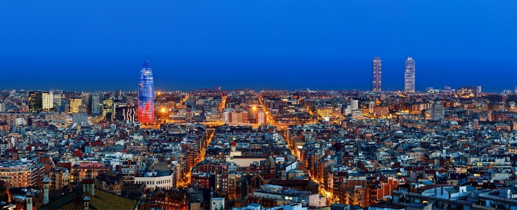 Barcelona skyline with Torre Agbar at twilight, Barcelona, Spain